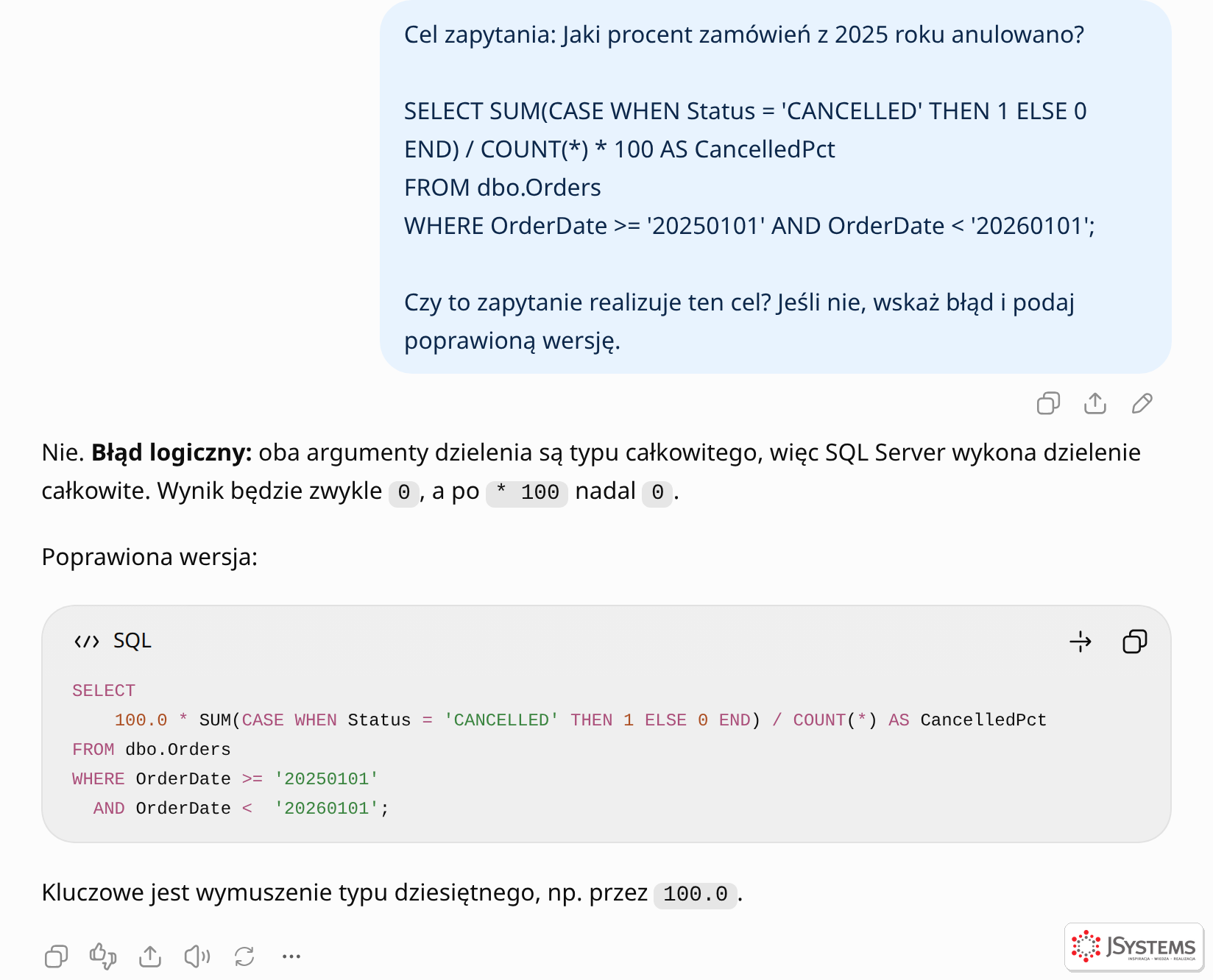 ChatGPT wyjaśnia dzielenie całkowite w SQL Server i przenosi 100.0 na początek wyrażenia