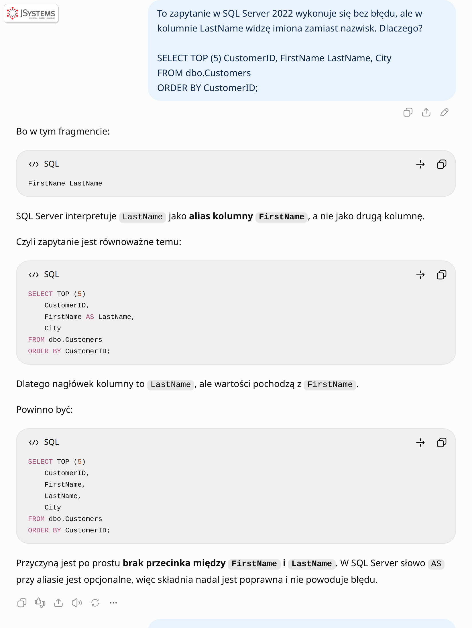 ChatGPT wyjaśnia, że brak przecinka między FirstName i LastName sprawia, że SQL Server traktuje LastName jako alias kolumny FirstName