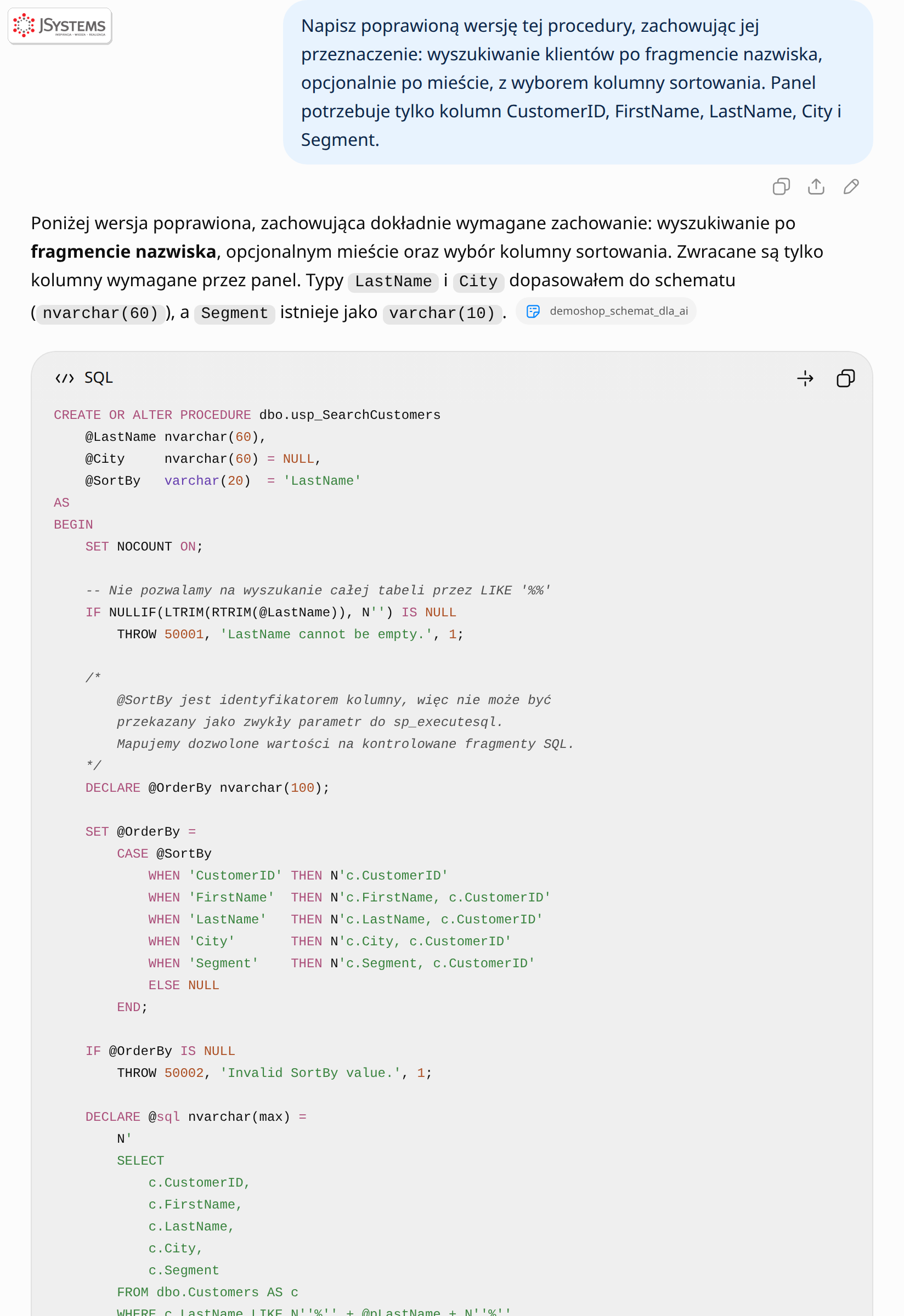 ChatGPT pisze poprawioną procedurę: parametry przez sp_executesql, lista dozwolonych kolumn sortowania, walidacja pustego nazwiska, tylko potrzebne kolumny