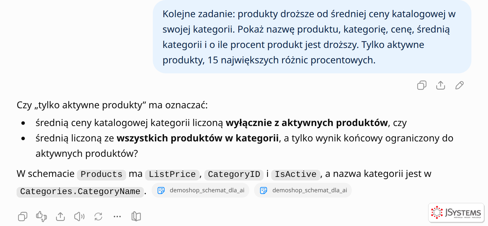 ChatGPT zamiast pisać zapytanie zadaje pytanie doprecyzowujące: czy średnią kategorii liczyć tylko z aktywnych produktów, czy ze wszystkich