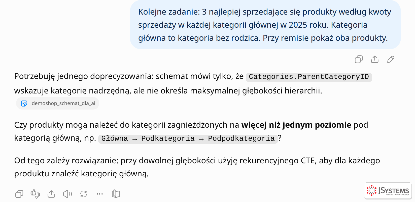 ChatGPT dopytuje o głębokość hierarchii kategorii, bo od niej zależy, czy potrzebne będzie rekurencyjne CTE