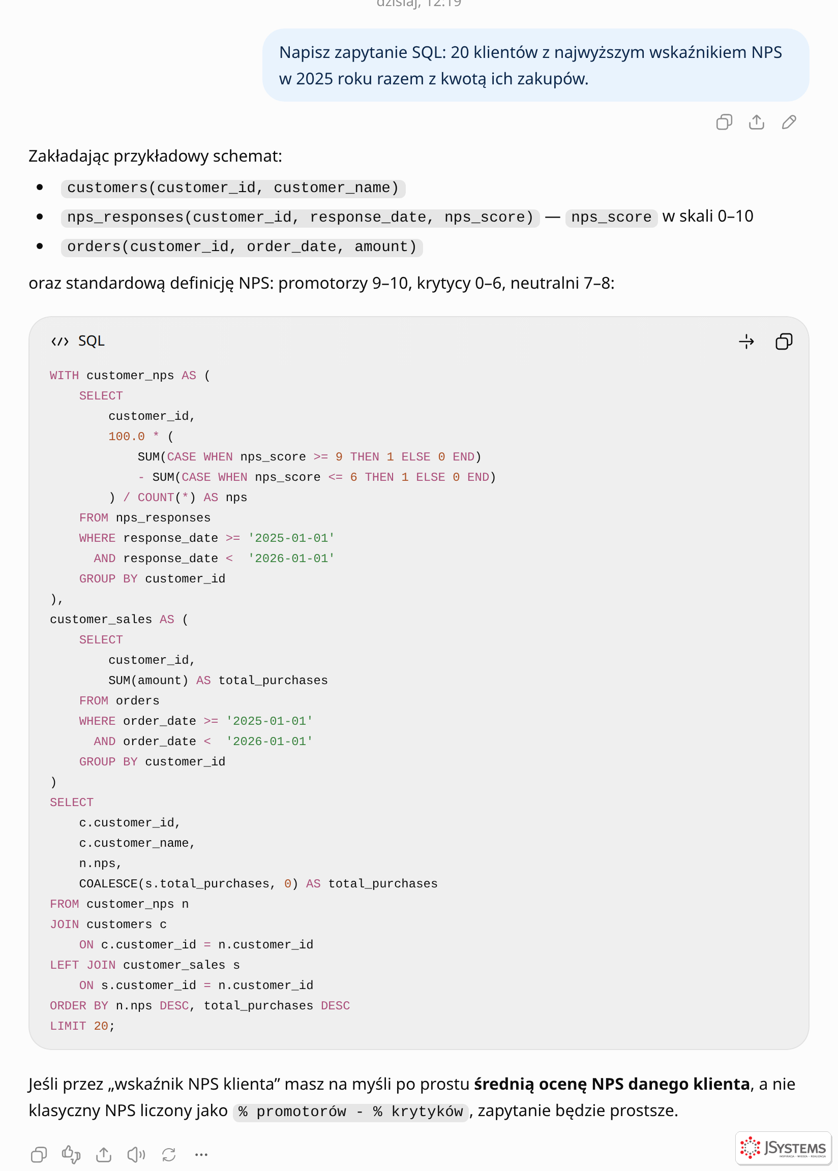 ChatGPT bez schematu wymyśla tabelę nps_responses z kolumną nps_score i pisze do niej zapytanie SQL