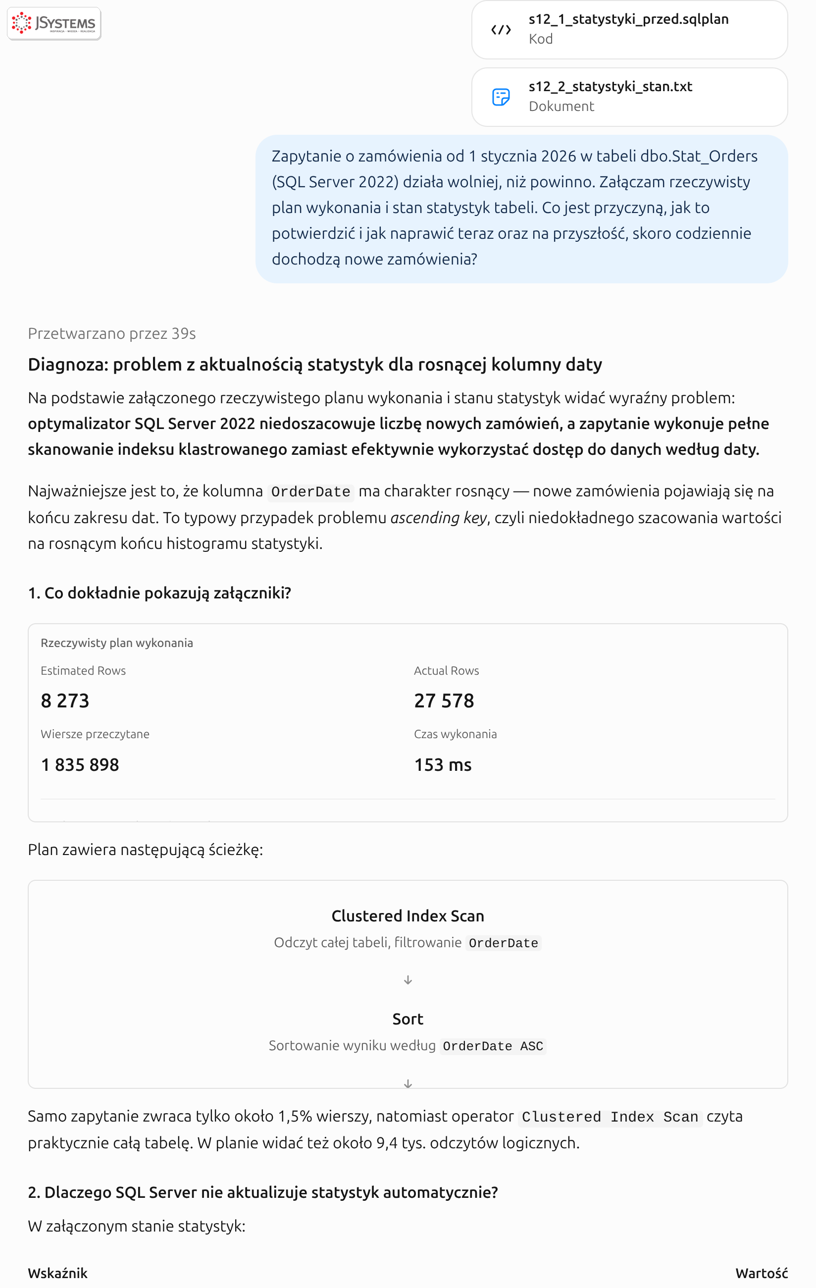 ChatGPT rozpoznaje problem rosnącego klucza: szacunek 8273 wobec 27578 wierszy, 27578 zmian poniżej progu 42524, automatyczna aktualizacja statystyk jeszcze się nie uruchomiła