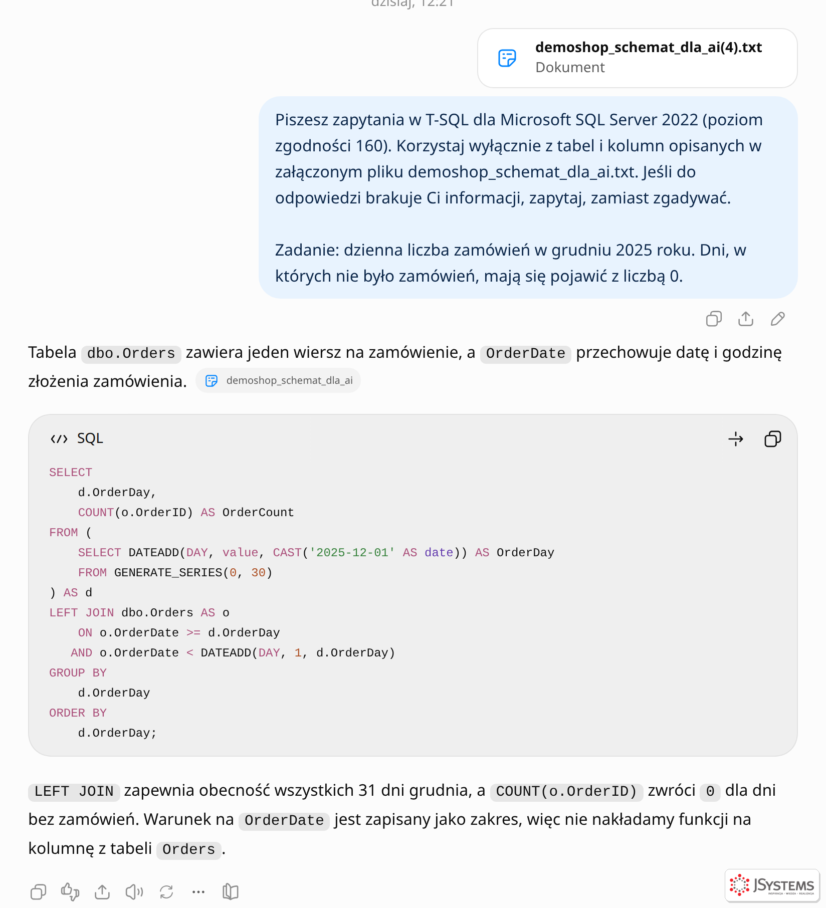 ChatGPT generuje kalendarz dni grudnia funkcją GENERATE_SERIES z SQL Server 2022 i łączy go z tabelą zamówień przez LEFT JOIN