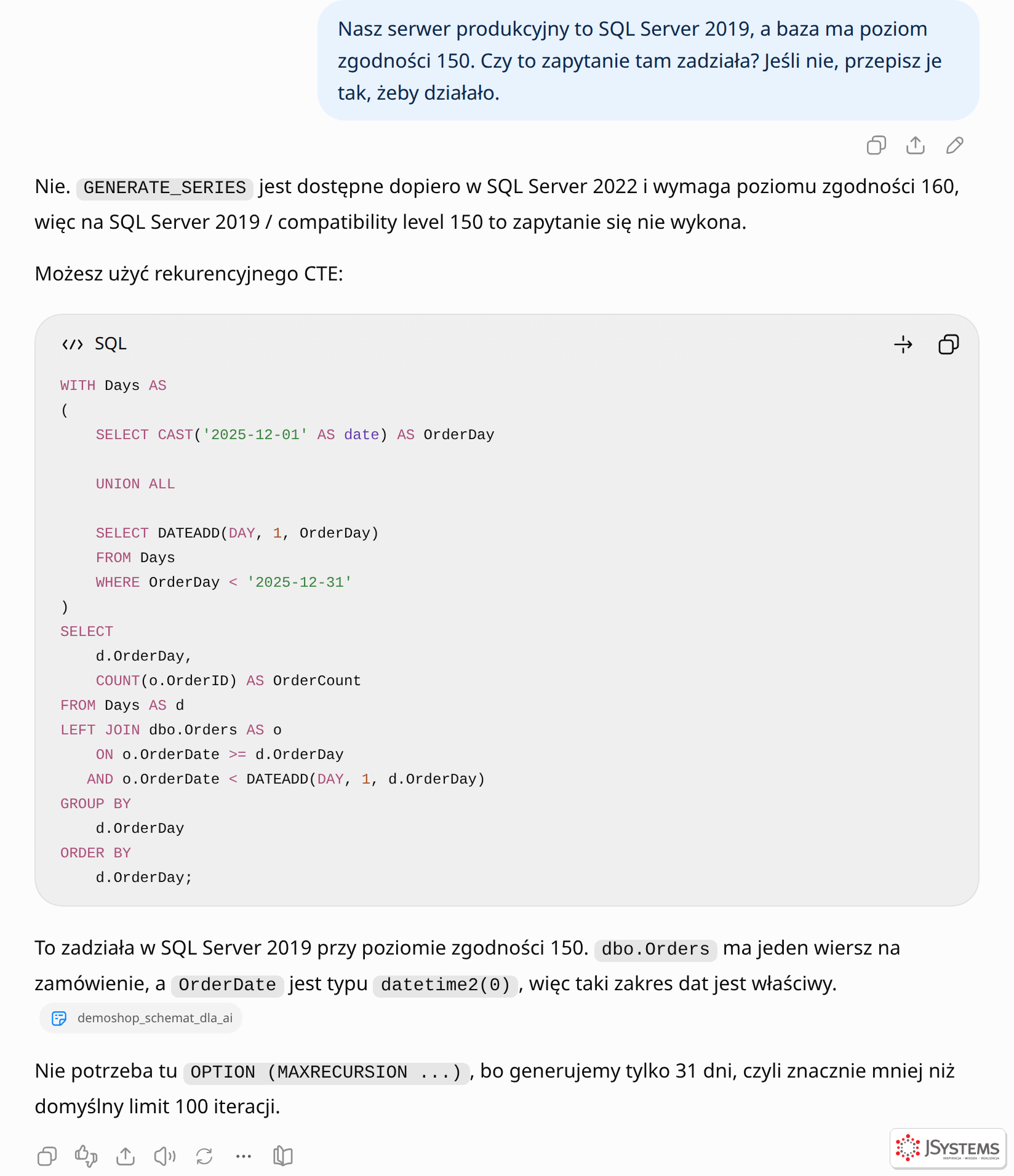 ChatGPT wyjaśnia, że GENERATE_SERIES wymaga SQL Server 2022 i poziomu zgodności 160, i przepisuje kalendarz na rekurencyjne CTE