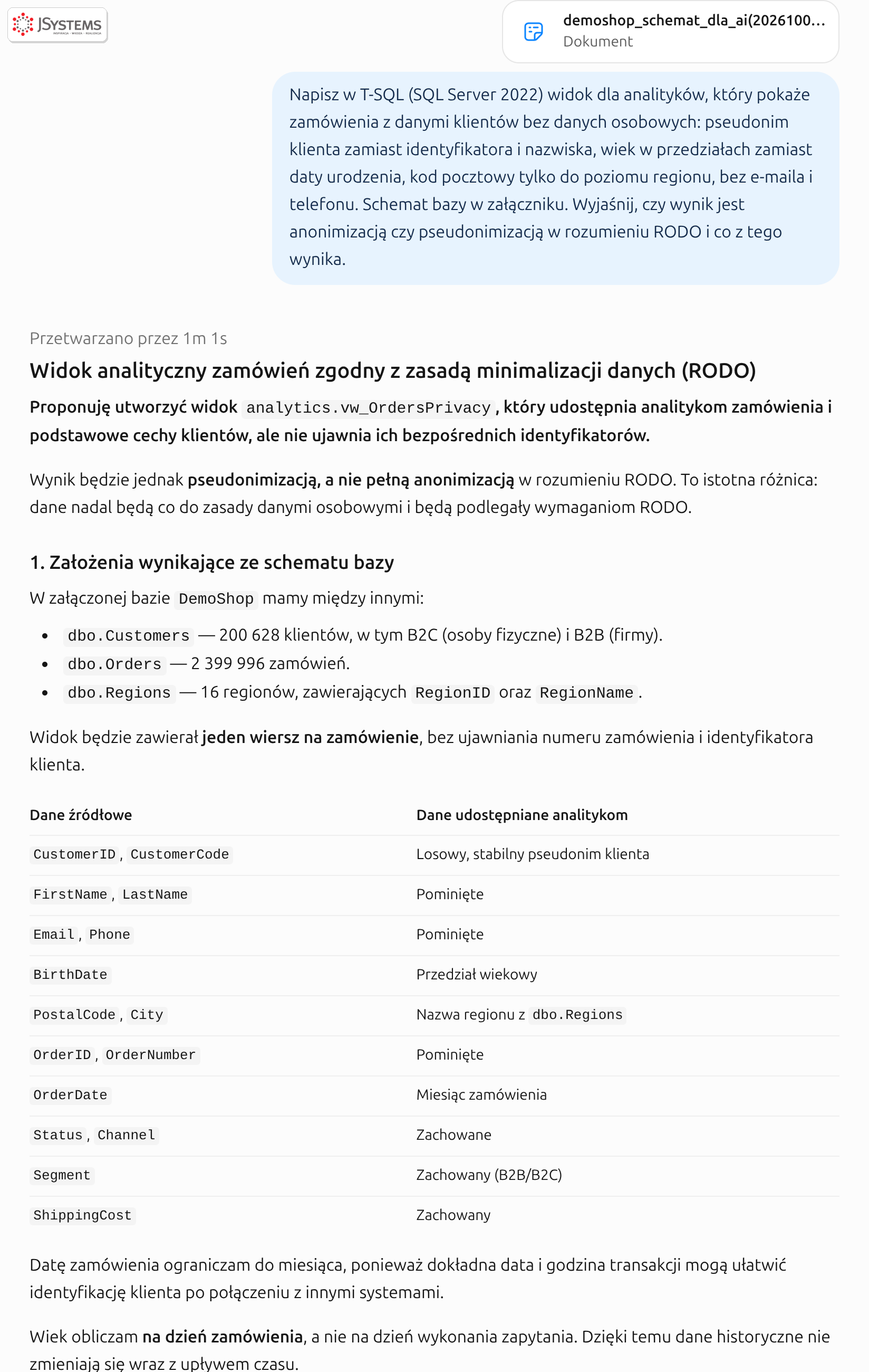 ChatGPT projektuje widok analityczny z losowym pseudonimem z osobnej tabeli mapującej NEWID zamiast skrótu identyfikatora i wylicza, które kolumny pomija