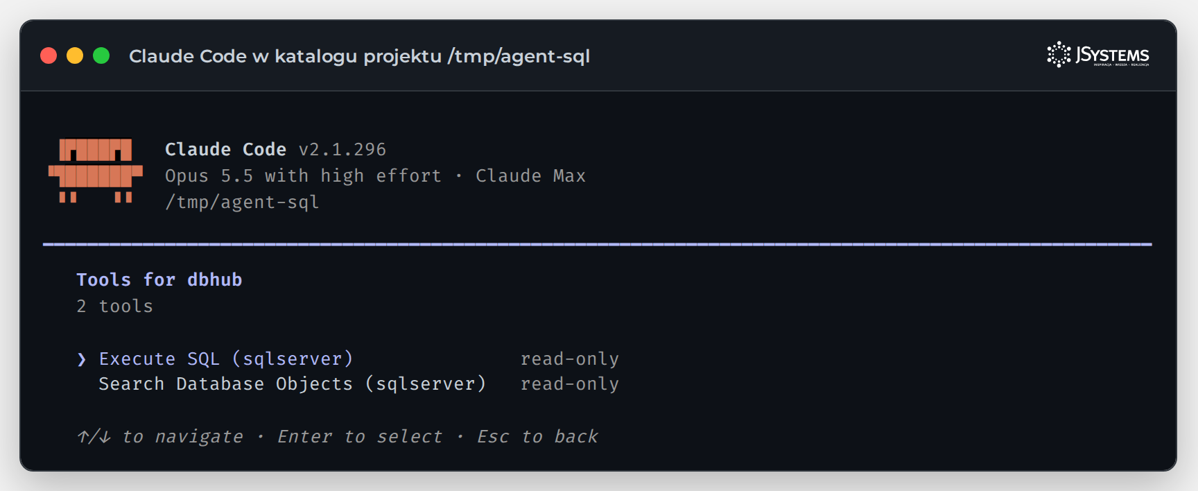 Claude Code: lista narzędzi serwera MCP dbhub, Execute SQL i Search Database Objects oznaczone jako read-only
