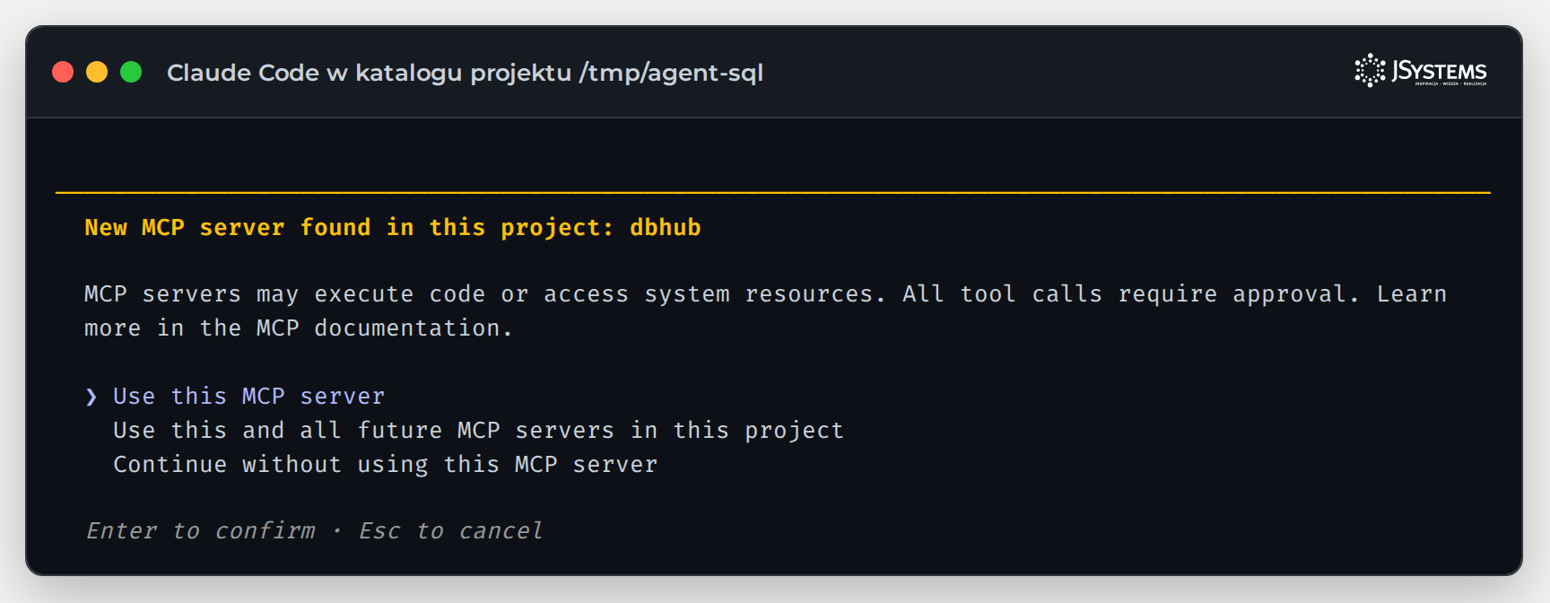 Claude Code: okno New MCP server found in this project dbhub z wybraną opcją Use this MCP server