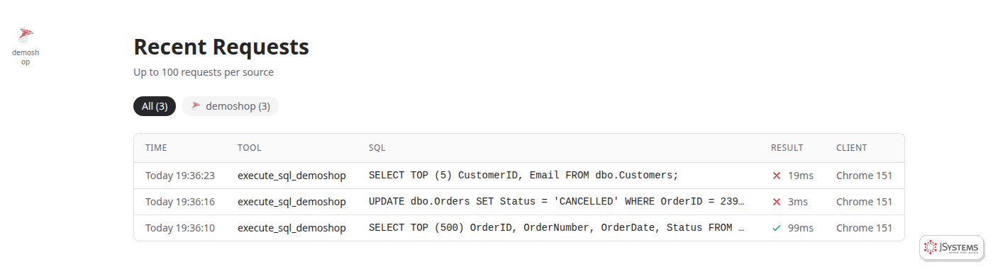 DBHub Workbench: lista ostatnich wywołań narzędzia execute_sql z treścią SQL, wynikiem i czasem wykonania