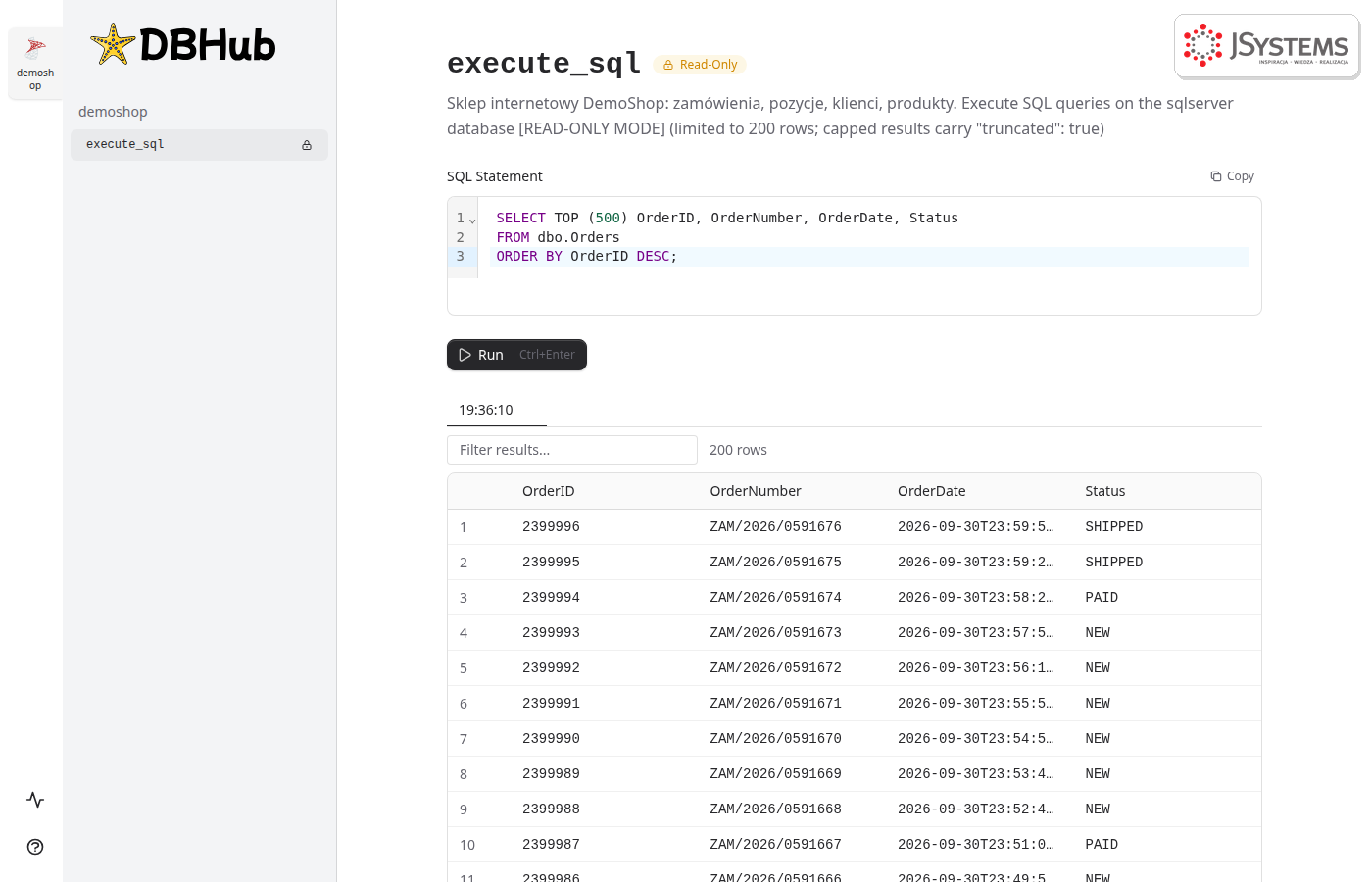 DBHub Workbench: zapytanie SELECT TOP 500 zamówień zwraca 200 wierszy, bo serwer MCP ma limit max_rows 200