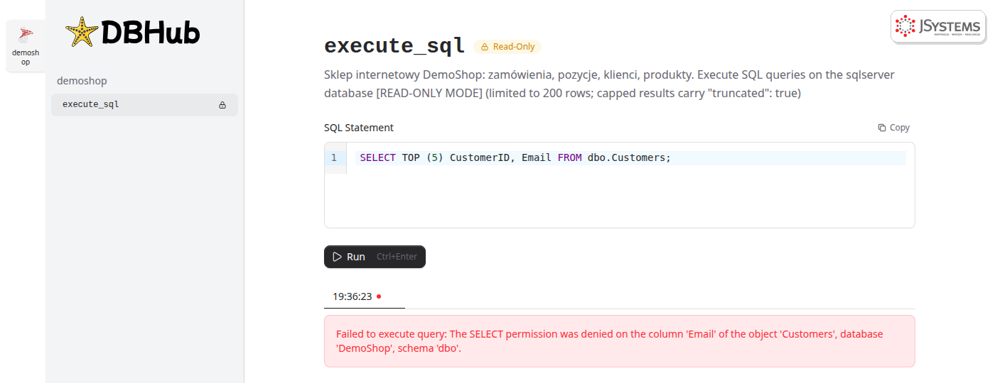 DBHub Workbench: odczyt kolumny Email odrzucony przez SQL Server, odmowa uprawnienia SELECT na kolumnie dla konta ai_reader