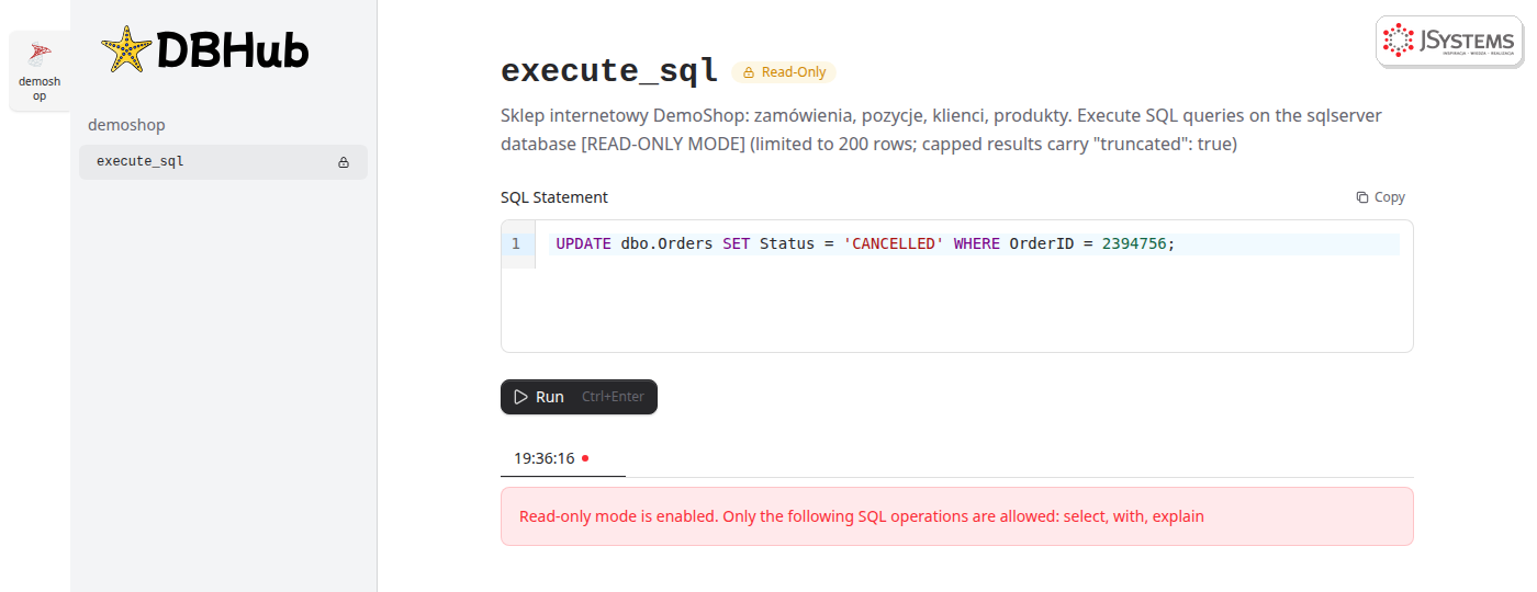 DBHub Workbench: polecenie UPDATE odrzucone komunikatem Read-only mode is enabled, dozwolone tylko select, with i explain