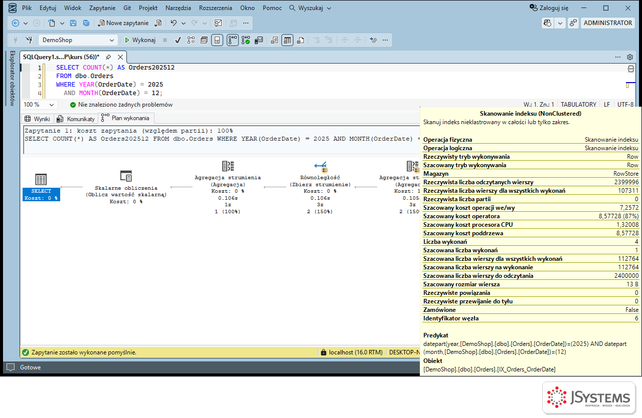 Dymek skanowania indeksu IX_Orders_OrderDate z predykatem datepart year i month: odczytane 2 399 996 wierszy