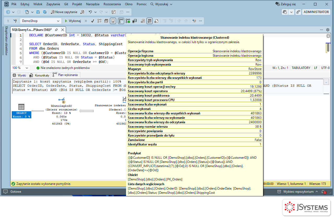 Dymek skanowania tabeli Orders z predykatem zawierającym warunki @CustomerID IS NULL OR CustomerID = @CustomerID