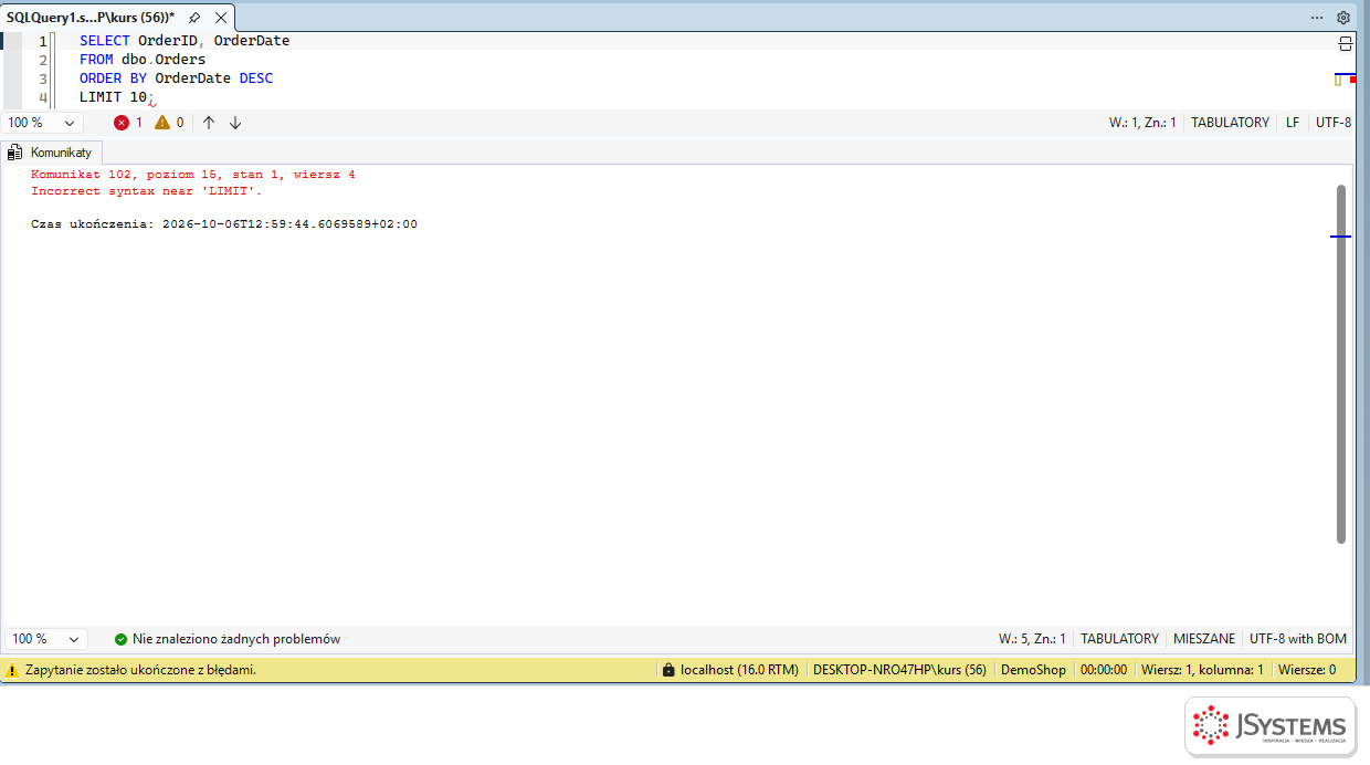 SSMS zwraca błąd 102 Incorrect syntax near LIMIT, bo klauzula LIMIT nie istnieje w T-SQL