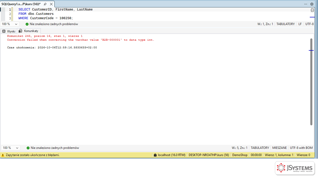 SSMS zwraca błąd 245 Conversion failed when converting the varchar value B2B-000001 to data type int