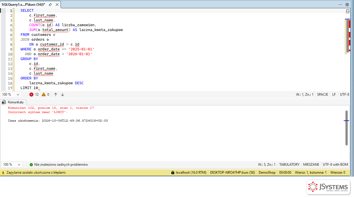 SQL Server Management Studio zwraca błąd 102 Incorrect syntax near LIMIT po uruchomieniu zapytania wygenerowanego przez AI bez schematu
