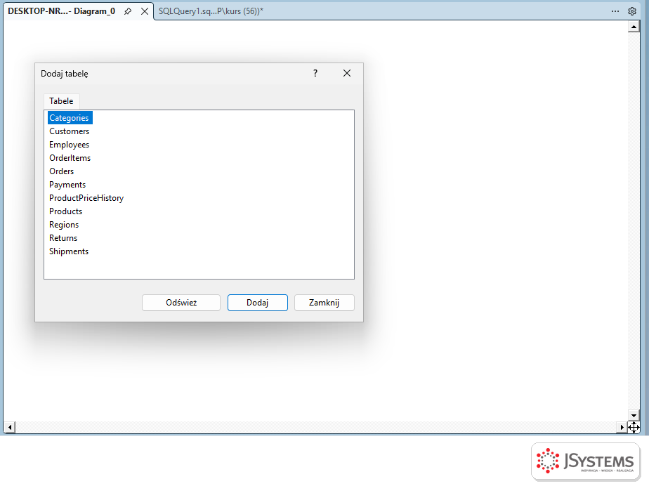 Okno Dodaj tabelę w edytorze diagramów SSMS z listą tabel bazy DemoShop