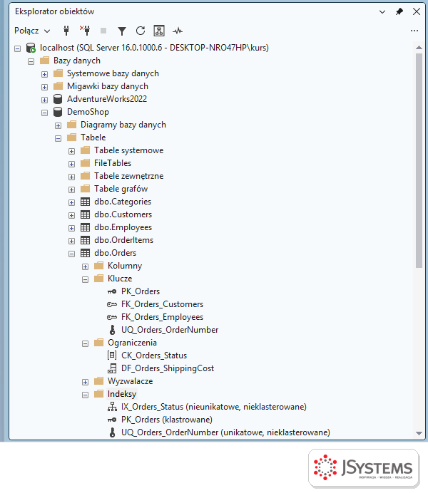 Foldery Klucze, Ograniczenia i Indeksy tabeli dbo.Orders w Eksploratorze obiektów SSMS: klucze obce do klientów i pracowników, ograniczenie CK_Orders_Status i indeksy