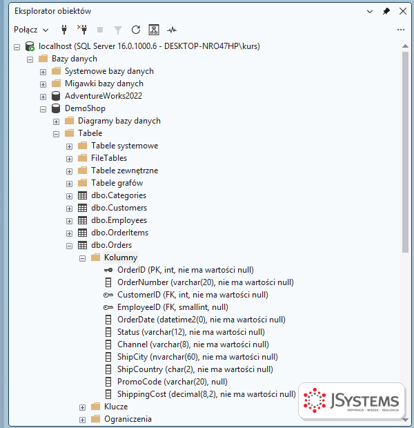 Eksplorator obiektów SSMS z rozwiniętą tabelą dbo.Orders: kolumny z typami danych, oznaczeniami PK i FK oraz informacją o wartościach null