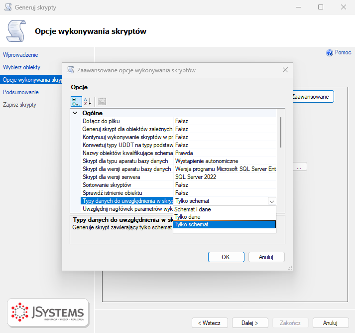 Zaawansowane opcje kreatora Generuj skrypty w SSMS z opcją Typy danych do skryptu ustawioną na Tylko schemat