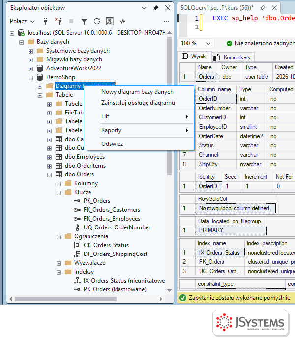 Menu kontekstowe folderu Diagramy bazy danych w Eksploratorze obiektów SSMS z poleceniem Nowy diagram bazy danych