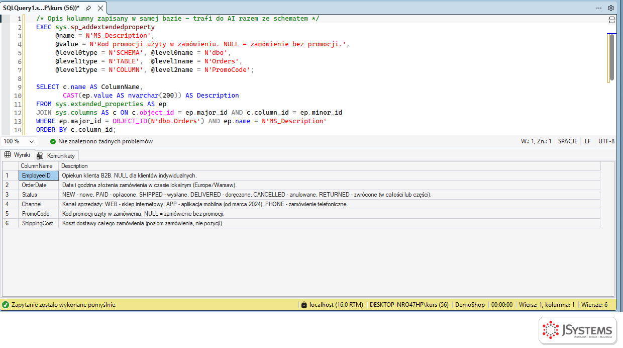Lista opisów kolumn tabeli dbo.Orders zapisanych jako MS_Description, wyświetlona zapytaniem do sys.extended_properties w SSMS