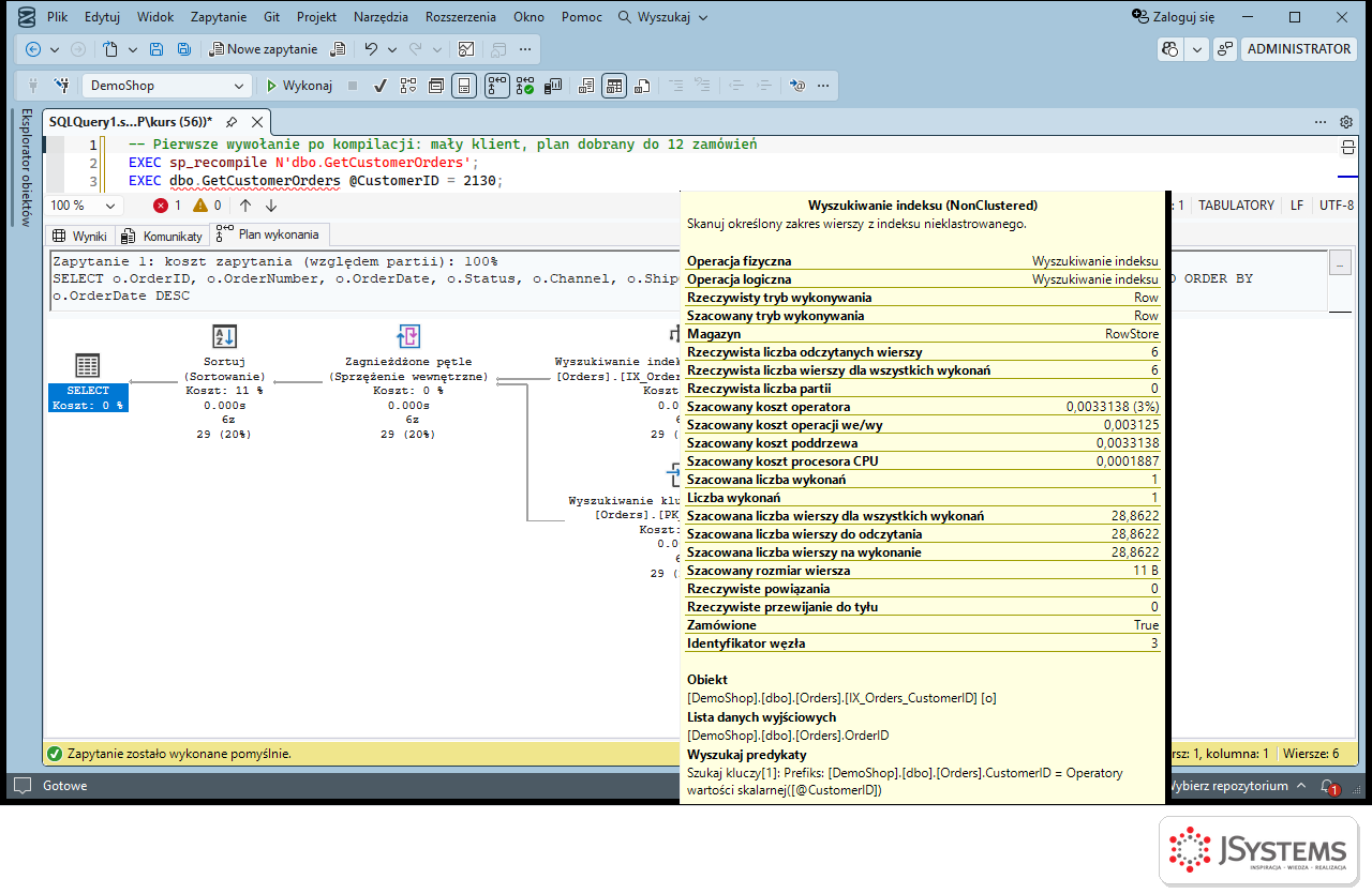 SSMS: plan procedury GetCustomerOrders po kompilacji dla małego klienta 2130, wyszukiwanie w indeksie i wyszukiwanie klucza dla kilkunastu wierszy