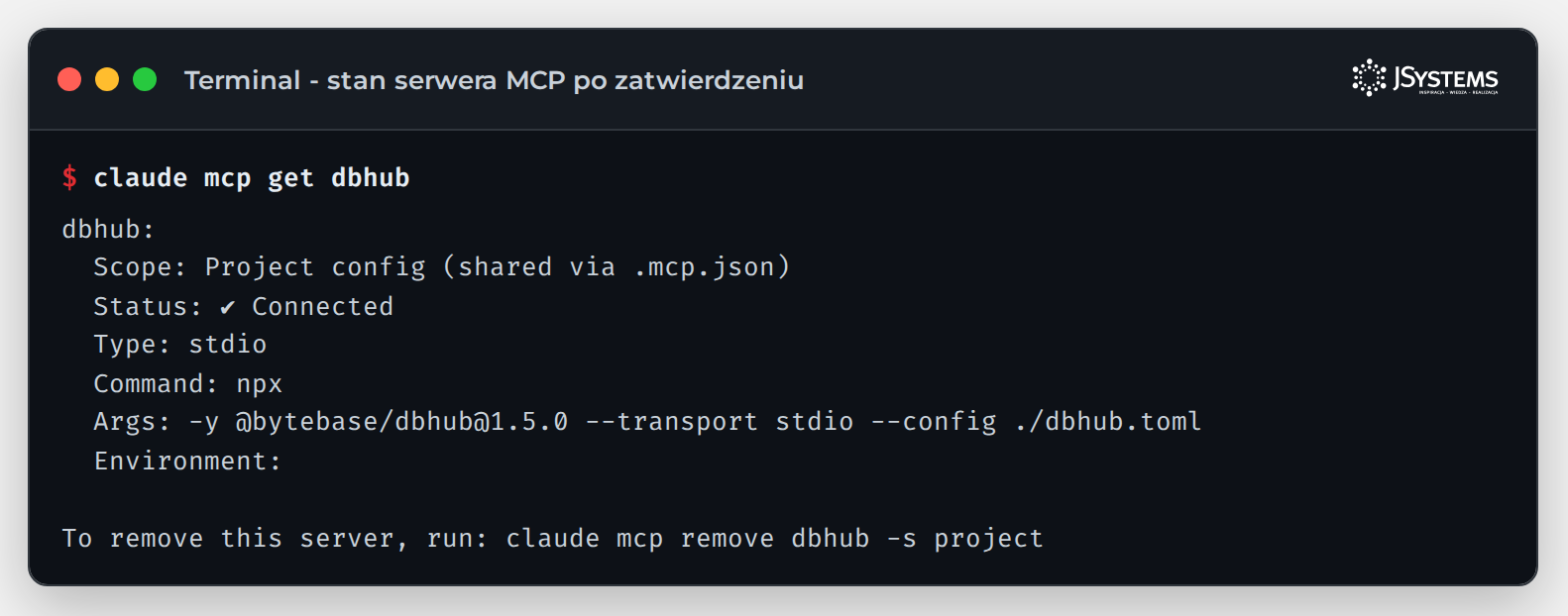 Terminal: polecenie claude mcp get dbhub pokazuje serwer MCP z konfiguracji projektu w stanie Connected