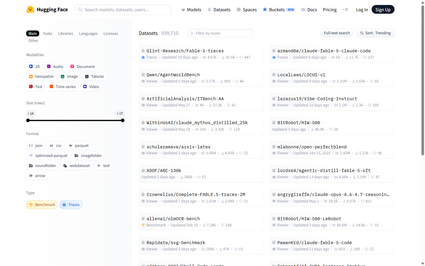 Hugging Face, sekcja Datasets - po lewej filtry rodzaju danych, rozmiaru i formatu, pośrodku lista zbiorów danych z liczbą plików i datą aktualizacji