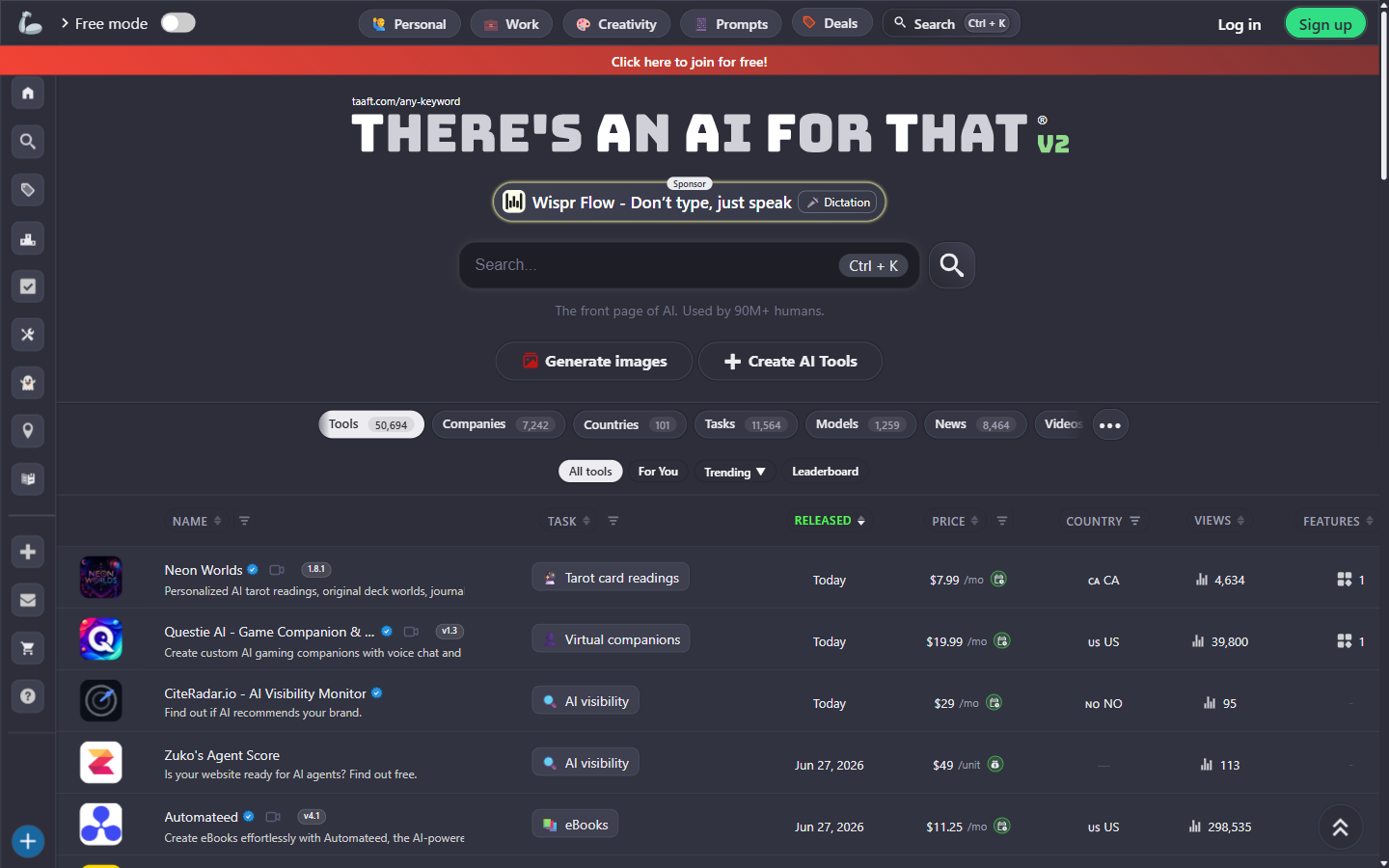 There's An AI For That - wyszukiwarka i katalog narzędzi AI z polem wyszukiwania, kategoriami i listą narzędzi z liczbą wyświetleń