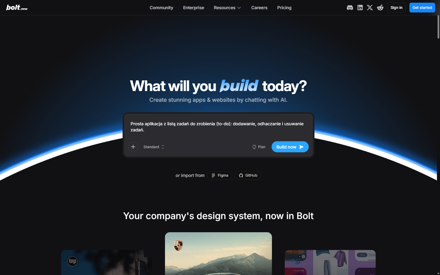 Bolt.new - strona z hasłem What will you build today i polem, w które wpisano po polsku pomysł na prostą aplikację z listą zadań do zrobienia