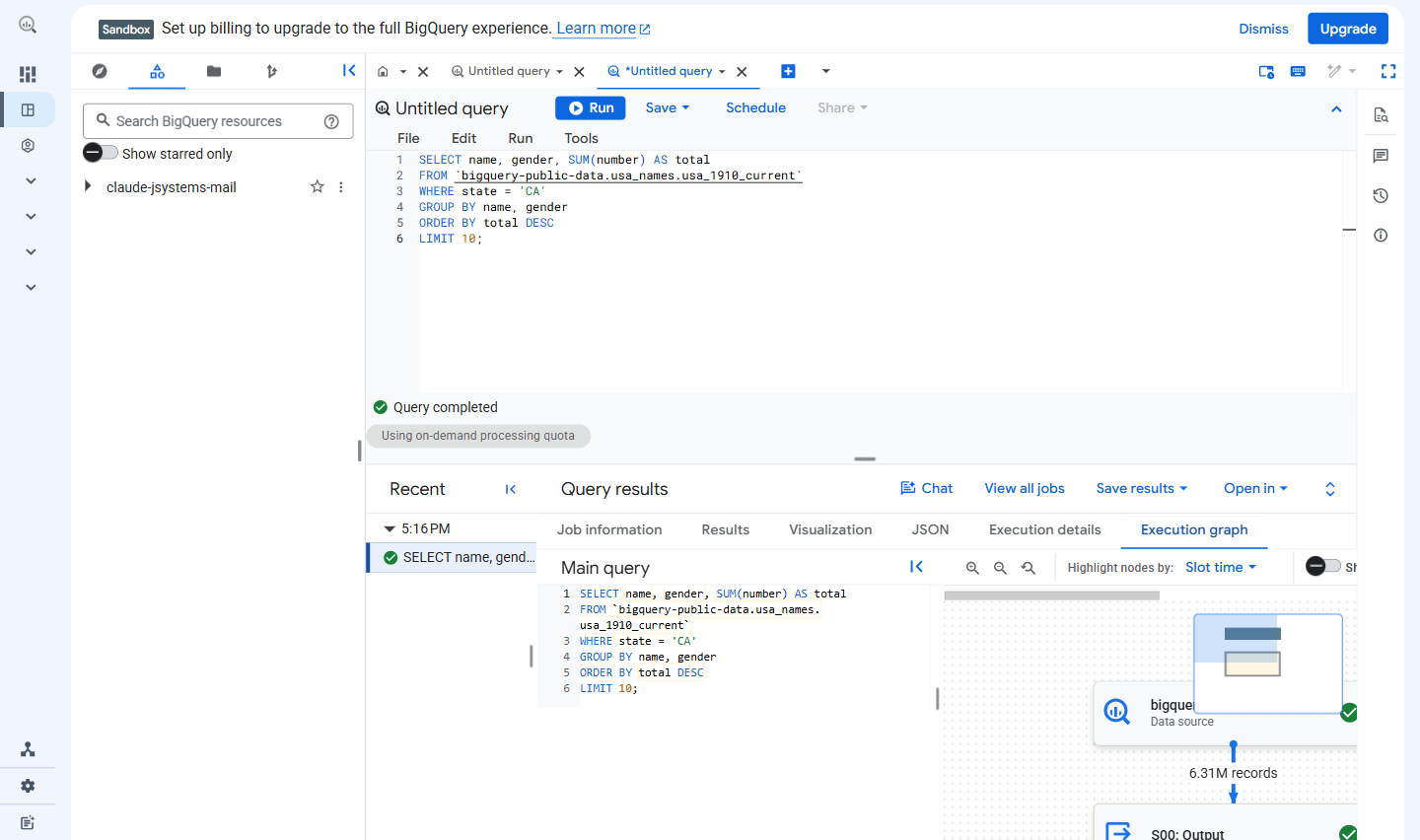 Graf wykonania zapytania w BigQuery: źródło danych, kolejne etapy przetwarzania i liczba przetworzonych rekordów