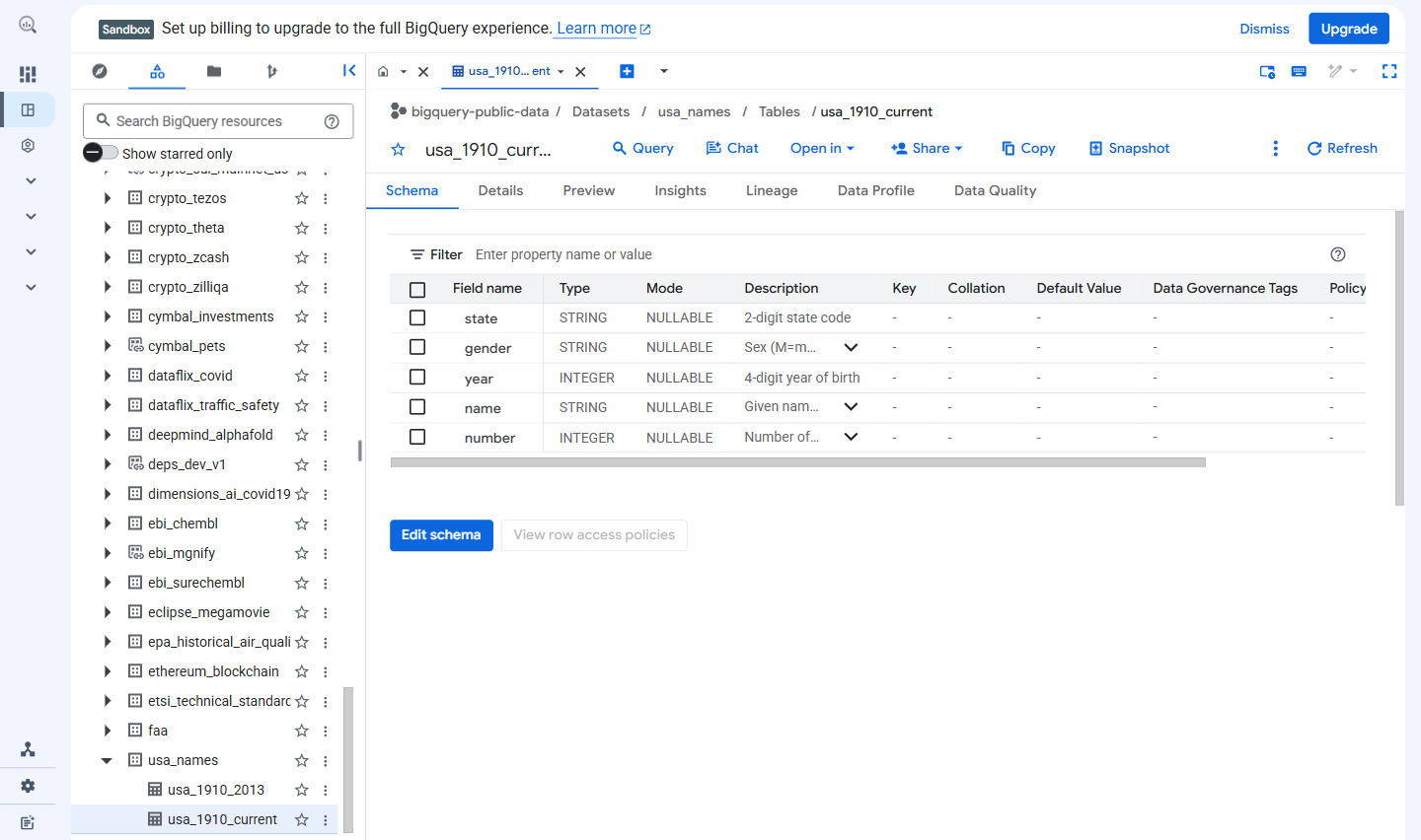 Konsola BigQuery: po lewej publiczne zbiory danych, po prawej schemat tabeli z imionami - kolumny state, gender, year, name, number