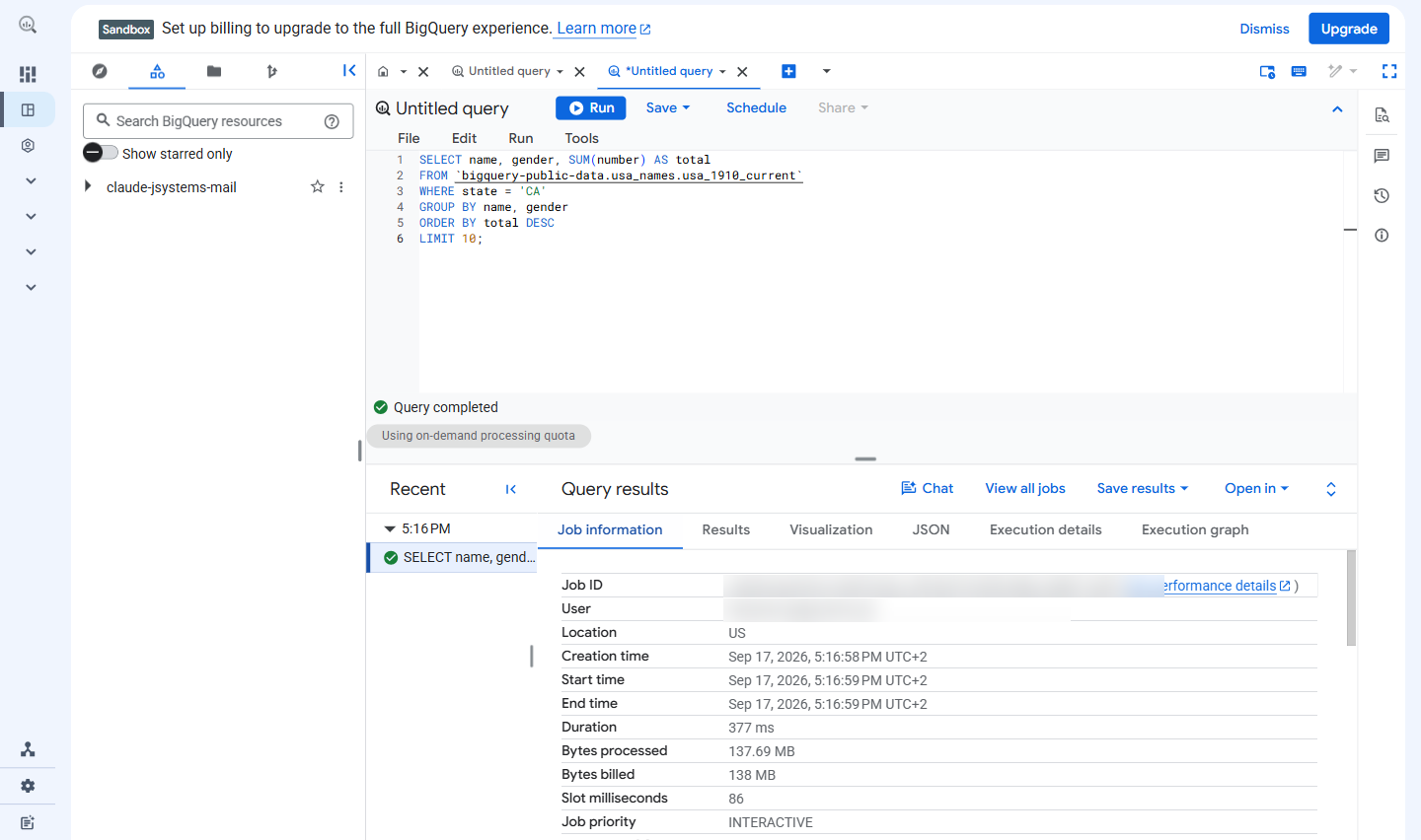 Zakładka Job information w BigQuery: przetworzone i rozliczone bajty, czas trwania zapytania oraz zużyty czas slotów