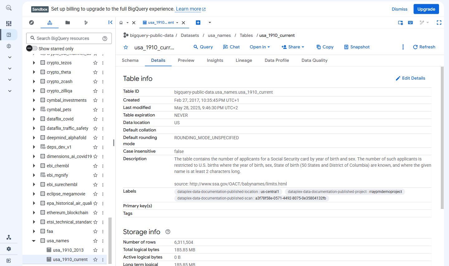 Zakładka Details w BigQuery pokazująca informacje o tabeli i liczbę wierszy ponad 6,3 miliona