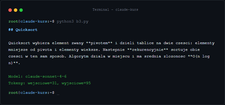Wynik: pierwsze wywolanie API - Claude odpowiada na pytanie o quicksort