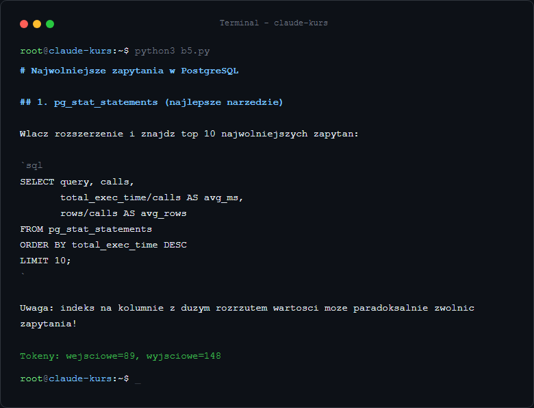 Wynik: Claude z system prompt wcielil sie w role eksperta PostgreSQL