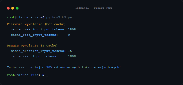 Wynik: drugie wywolanie korzysta z cache - 1808 tokenow wczytanych z cache zamiast naliczanych