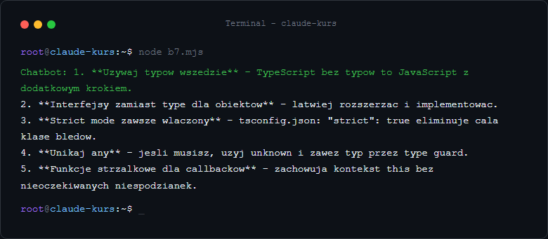 Wynik: TypeScript streaming - for await iteruje po zdarzeniach streamu