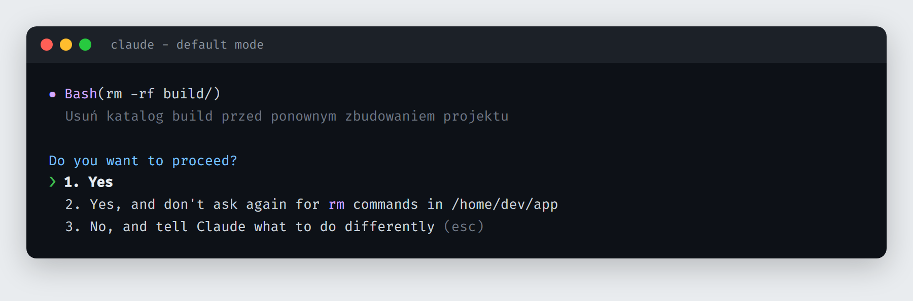 Interaktywne pytanie o zgodę w Claude Code z opcjami Yes, Yes and don't ask again, No