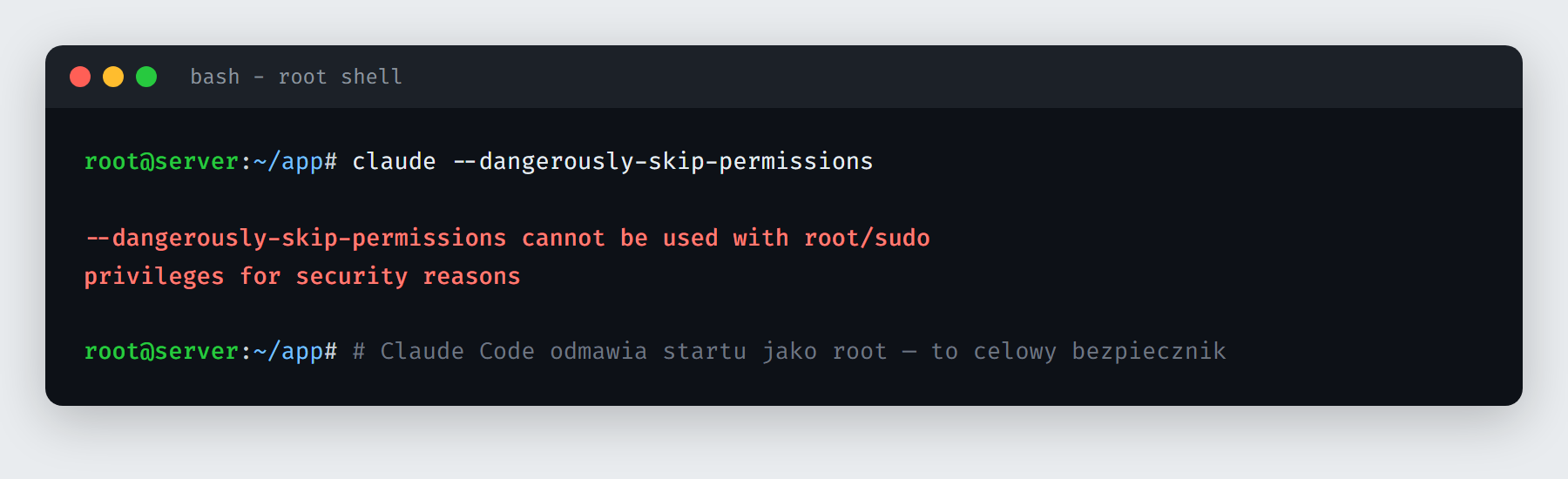 Claude Code odmawia uruchomienia z flagą --dangerously-skip-permissions jako root