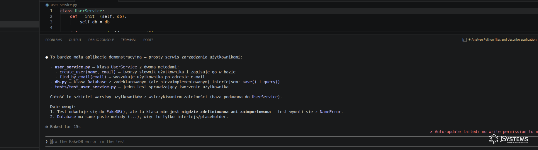Claude Code uruchomiony w zintegrowanym terminalu Visual Studio Code analizuje projekt