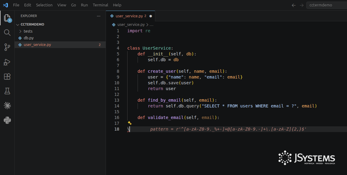 GitHub Copilot podpowiada implementację metody validate_email jako szara sugestia inline w VS Code