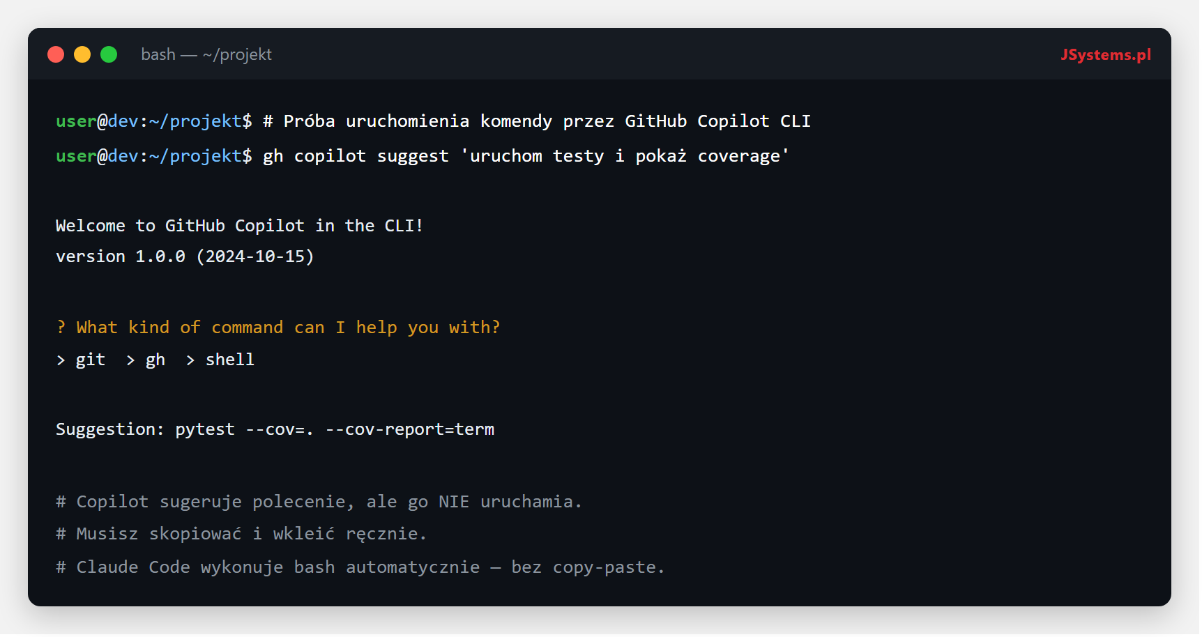 GitHub Copilot nie może wykonać komendy bash - tylko sugeruje