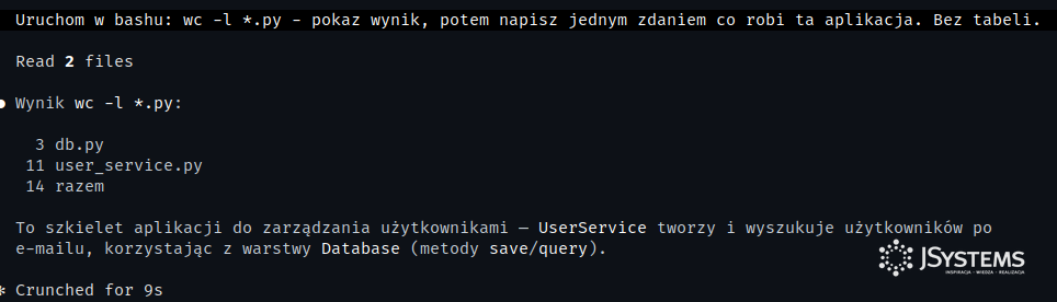 Claude Code w terminalu - czyta pliki, uruchamia polecenie w bashu i podsumowuje wynik