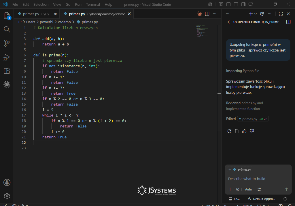 GitHub Copilot w VS Code - tryb agenta uzupełnia funkcję i wyjaśnia kod po polsku