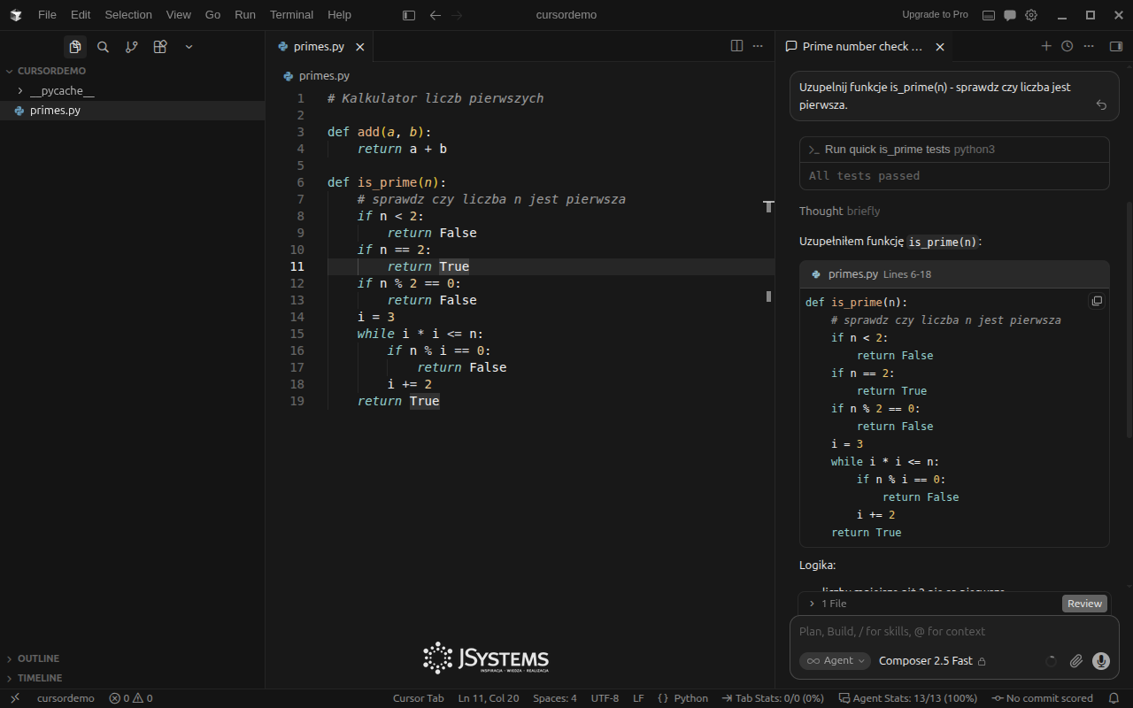 Cursor - Composer pisze funkcję, uruchamia testy i opisuje logikę po polsku