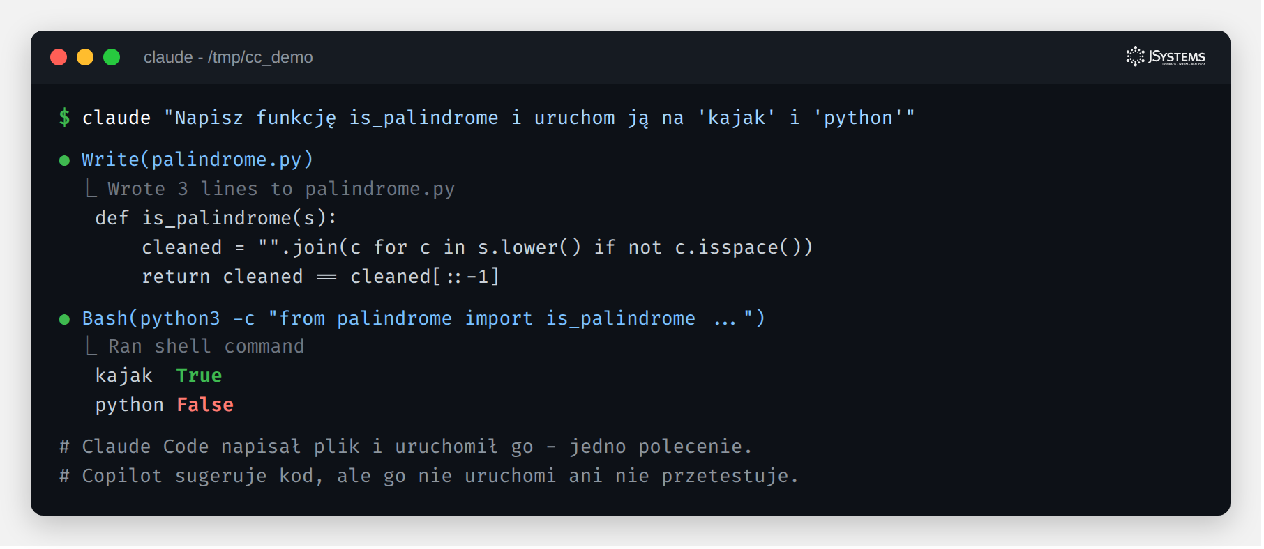 Claude Code wykonuje kod i testy w jednym poleceniu
