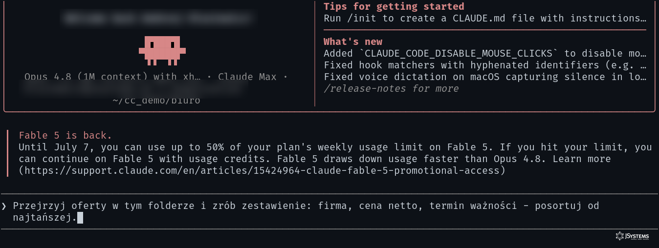 Claude Code w wersji konsolowej (terminal): ekran powitalny z podpowiedziami
